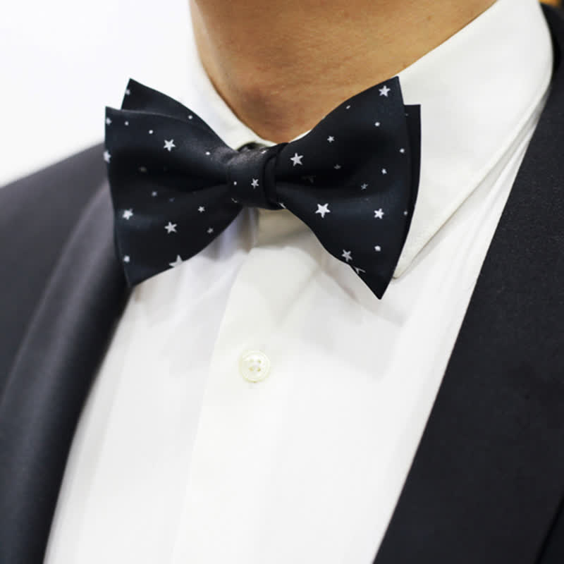 Men's White Stars Double Layered Black Bow Tie