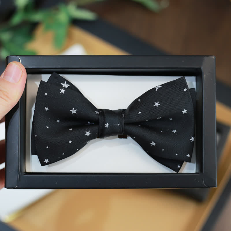 Men's White Stars Double Layered Black Bow Tie