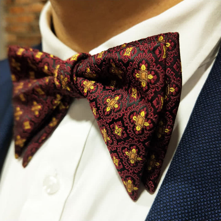 Men's Dark Red & Gold Embroidery Oversized Pointed Bow Tie