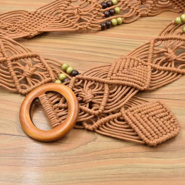 Women's Retro Braided Decorative Beads Wooden Buckle Belt