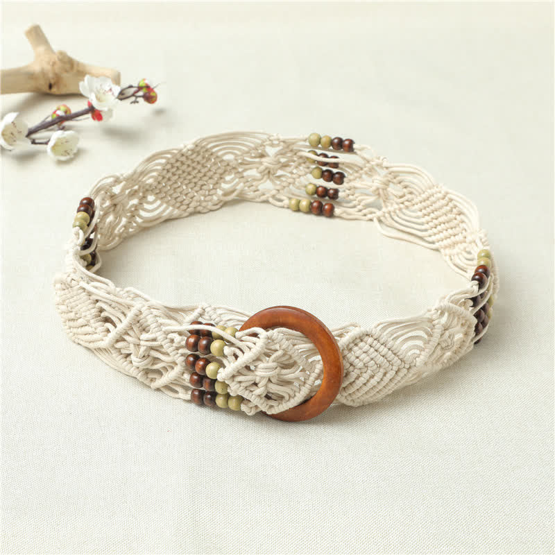 Women's Retro Braided Decorative Beads Wooden Buckle Belt