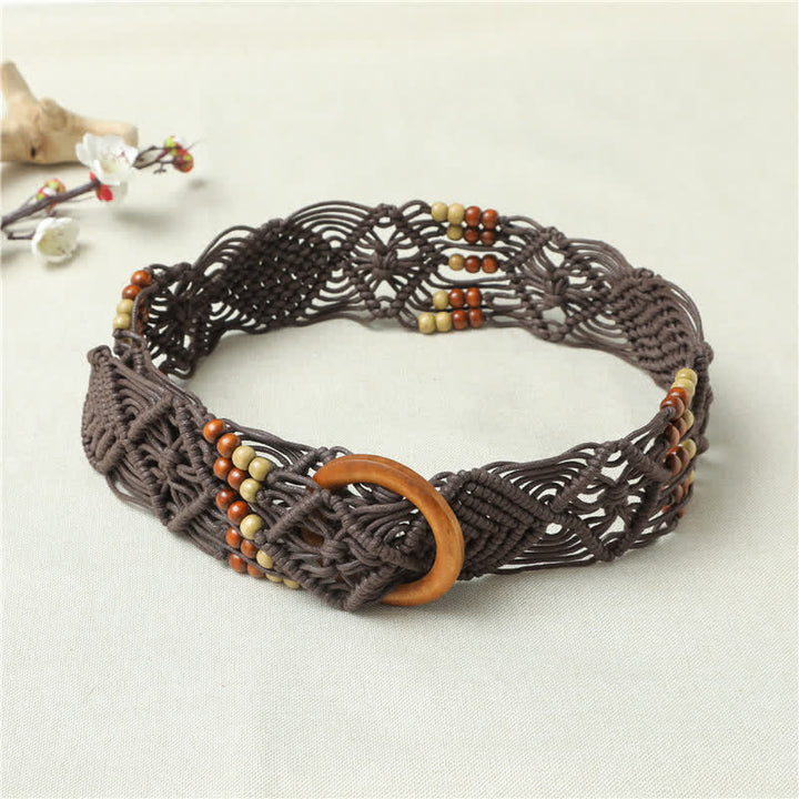 Women's Retro Braided Decorative Beads Wooden Buckle Belt