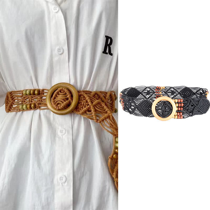 Women's Retro Braided Decorative Beads Wooden Buckle Belt