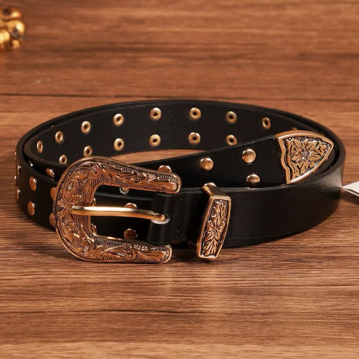 Two Row Gold Rivet Studded Carved Floral Leather Belt