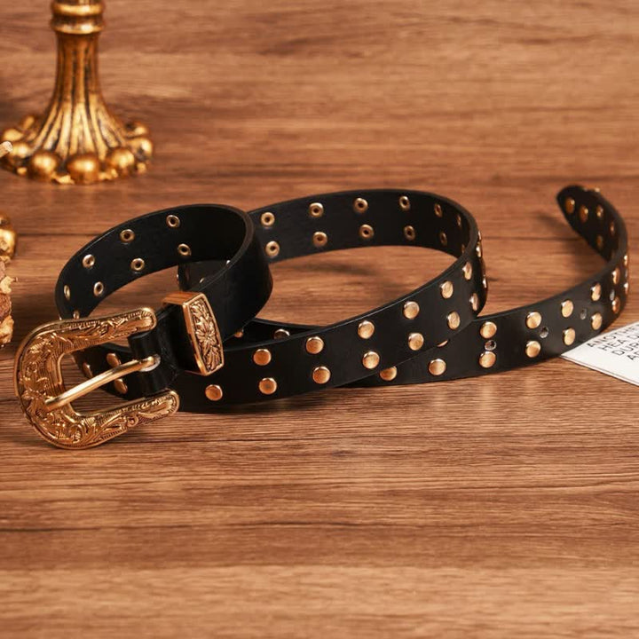 Two Row Gold Rivet Studded Carved Floral Leather Belt