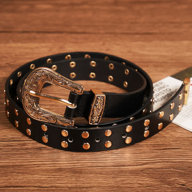 Two Row Gold Rivet Studded Carved Floral Leather Belt