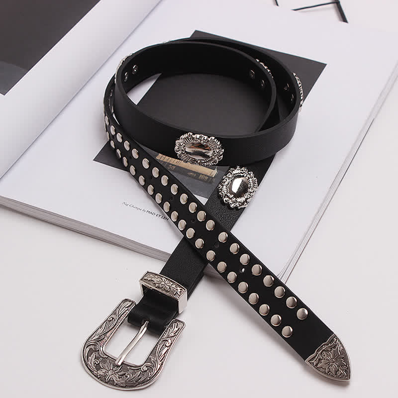 Women's Edgy Silver Rivets Carved Floral Leather Belt