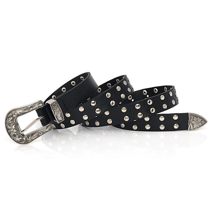 Women's Double Row Studded Rivets PU Leather Belt