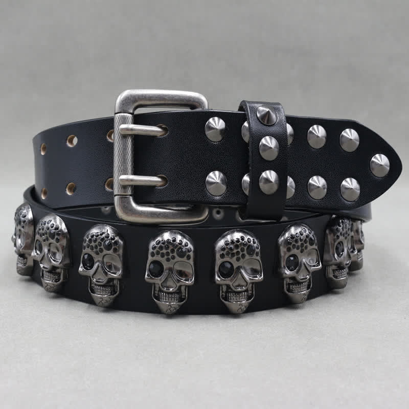 Biker Casual Skulls Rivets Double Pin Leather Belt