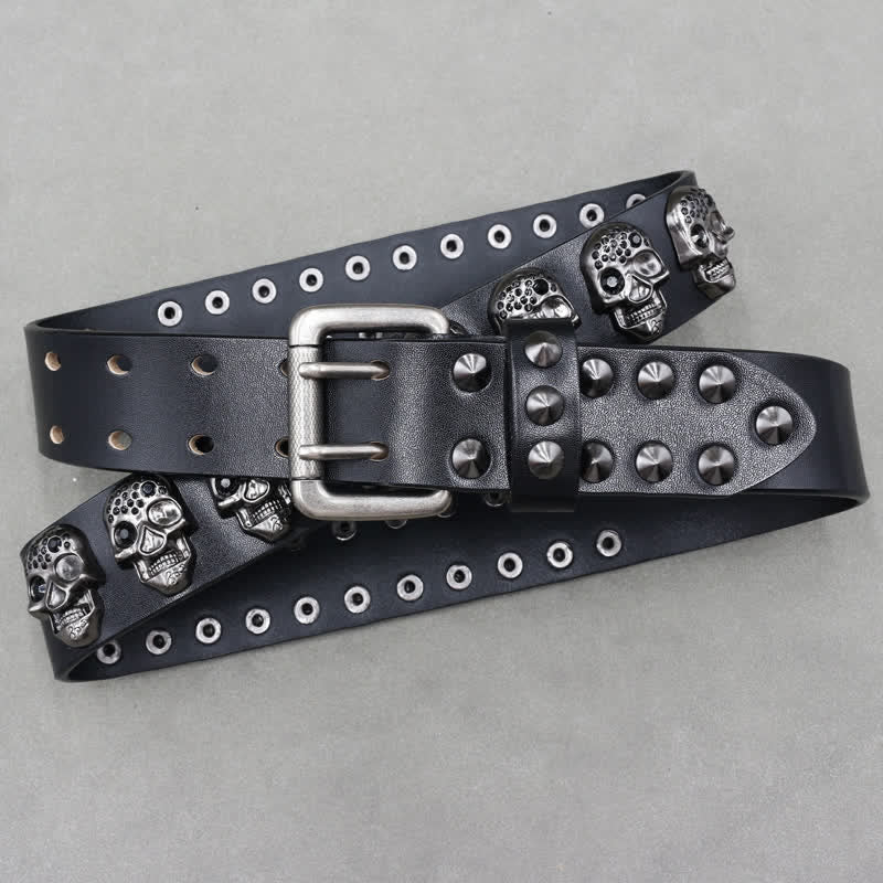 Biker Casual Skulls Rivets Double Pin Leather Belt