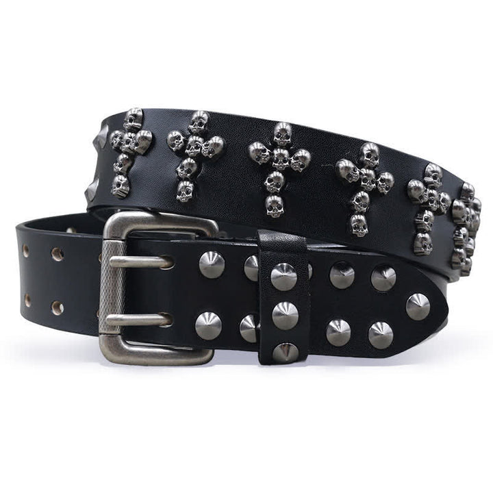 Cross Shape Skull Heads Rivets Double Pin Leather Belt