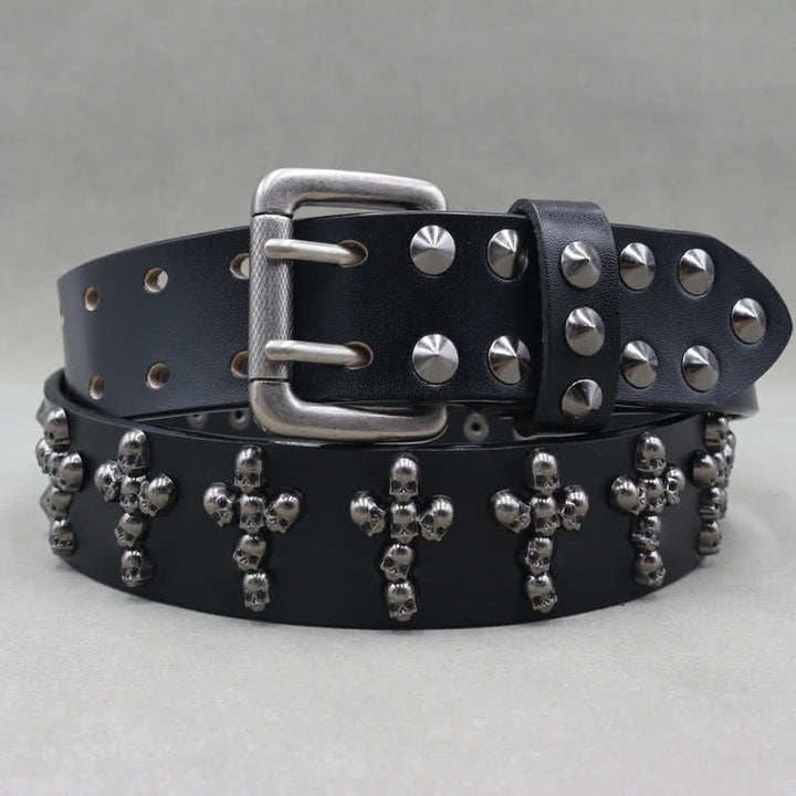 Cross Shape Skull Heads Rivets Double Pin Leather Belt