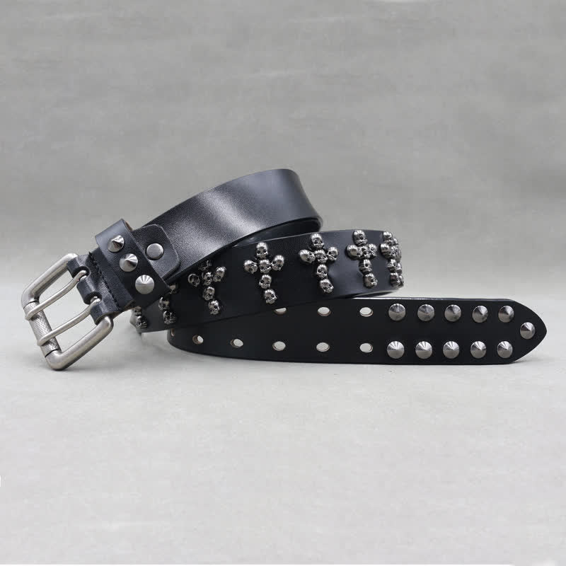 Cross Shape Skull Heads Rivets Double Pin Leather Belt