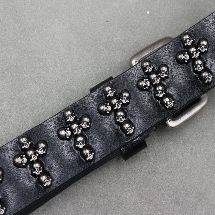 Cross Shape Skull Heads Rivets Double Pin Leather Belt