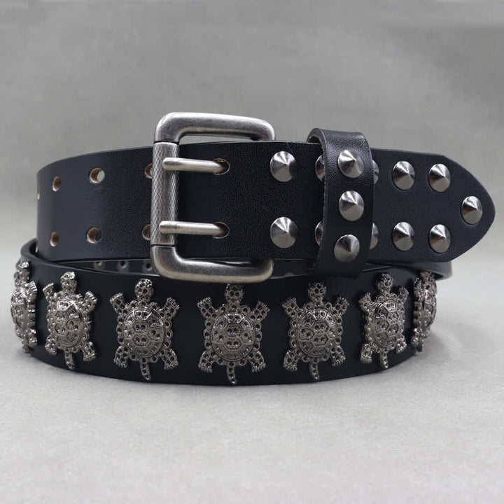 Three-Dimensional Metal Turtle Rivets Double Pin Leather Belt