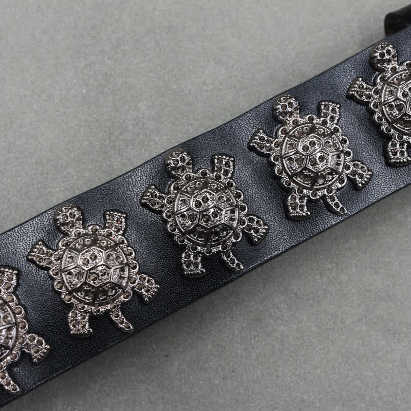 Three-Dimensional Metal Turtle Rivets Double Pin Leather Belt