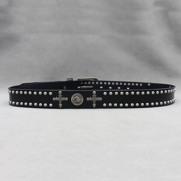 Cross Skull Rivets Double Pin Leather Belt