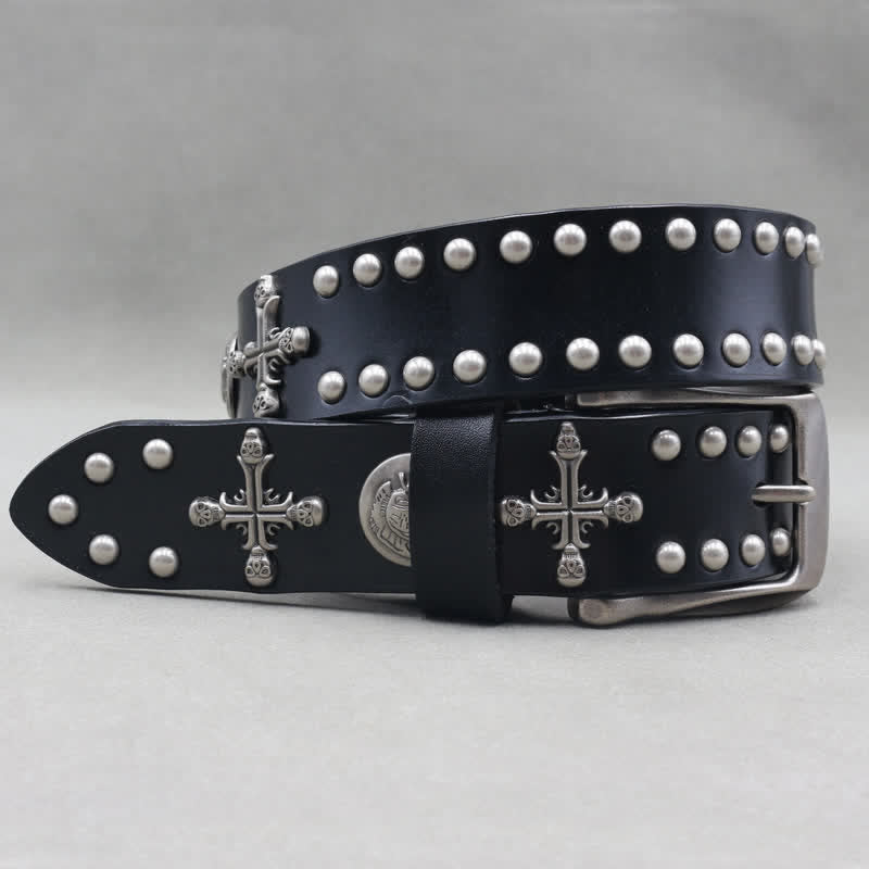 Cross Skull Rivets Double Pin Leather Belt