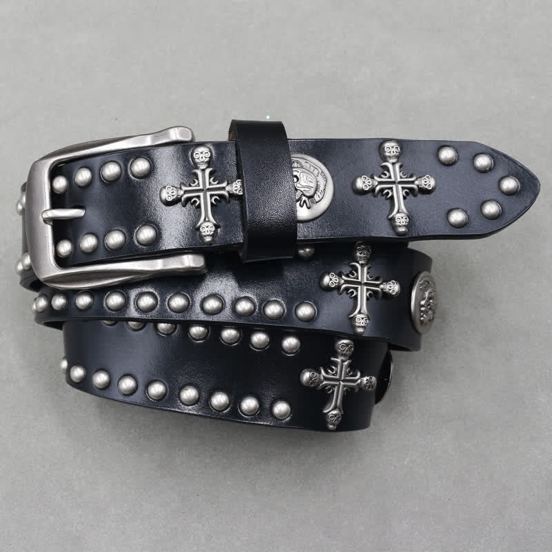 Cross Skull Rivets Double Pin Leather Belt