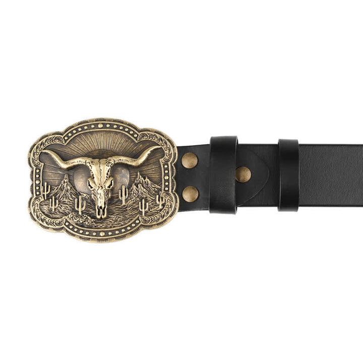 Rodeo Bronze Longhorn Bull Head Leather Belt