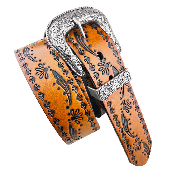 Western Style Floral Engraved Embossed Leather Belt