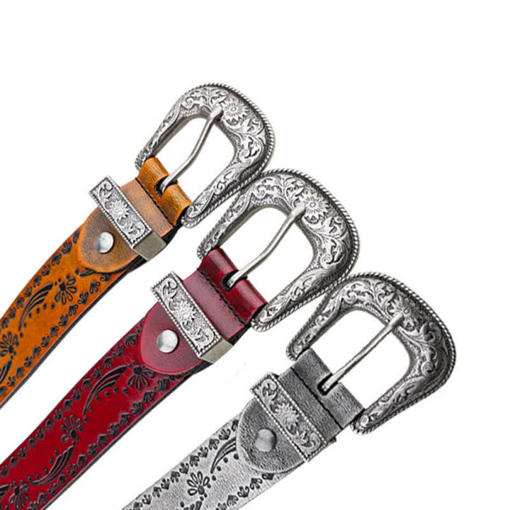 Western Style Floral Engraved Embossed Leather Belt