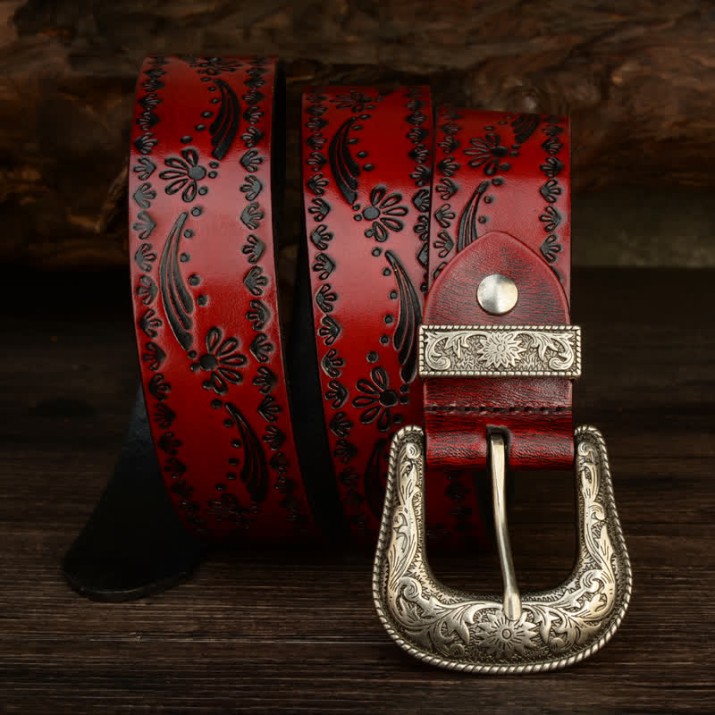 Western Style Floral Engraved Embossed Leather Belt