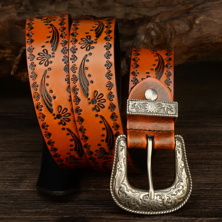 Western Style Floral Engraved Embossed Leather Belt