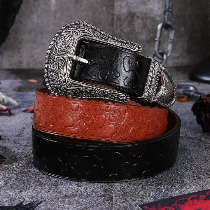 Double Color Embossed Stone Pattern Leather Belt