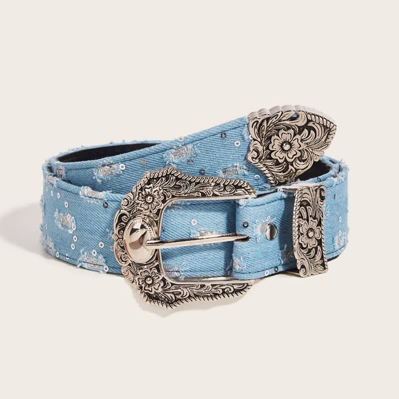 Trendy Unique Engraved Flower Buckle Denim Belt