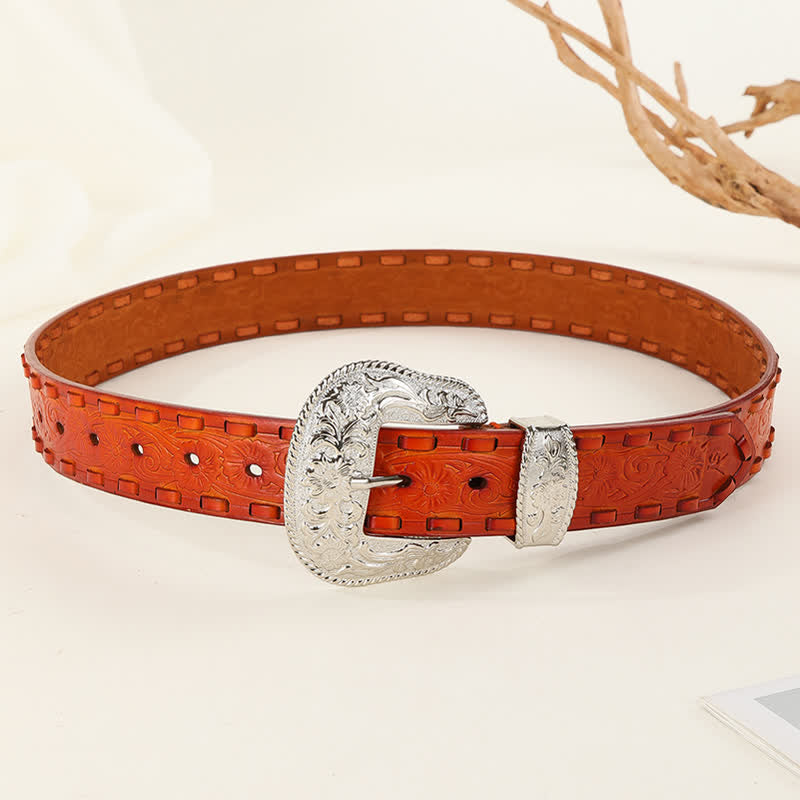 Orange Weave Silver Carved Flower Buckle Leather Belt