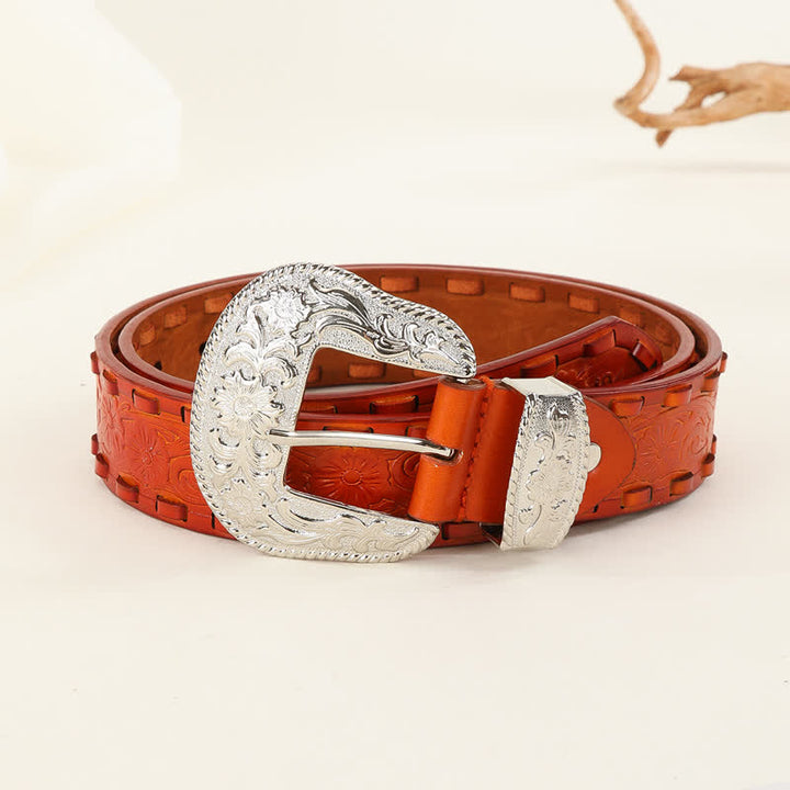 Orange Weave Silver Carved Flower Buckle Leather Belt