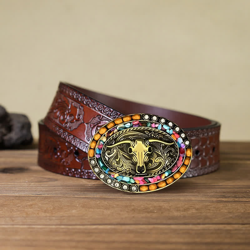 Men's DIY Good Luck Bull Wood Beads Buckle Leather Belt