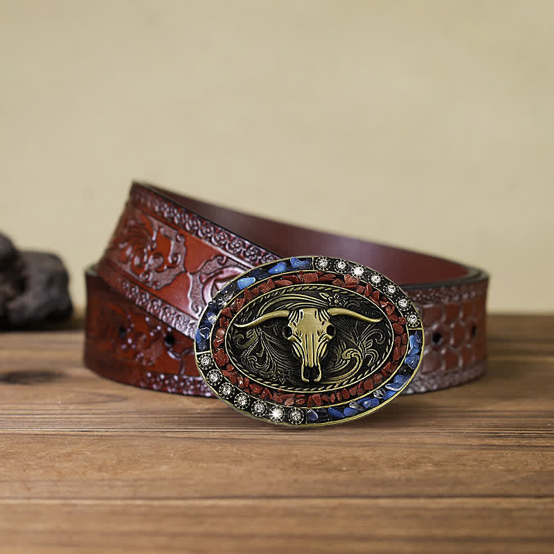 Men's DIY Burgundy & Blue Stones Bull Buckle Leather Belt