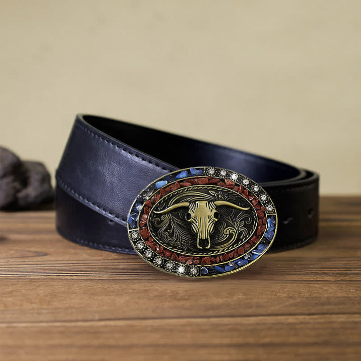 Men's DIY Burgundy & Blue Stones Bull Buckle Leather Belt