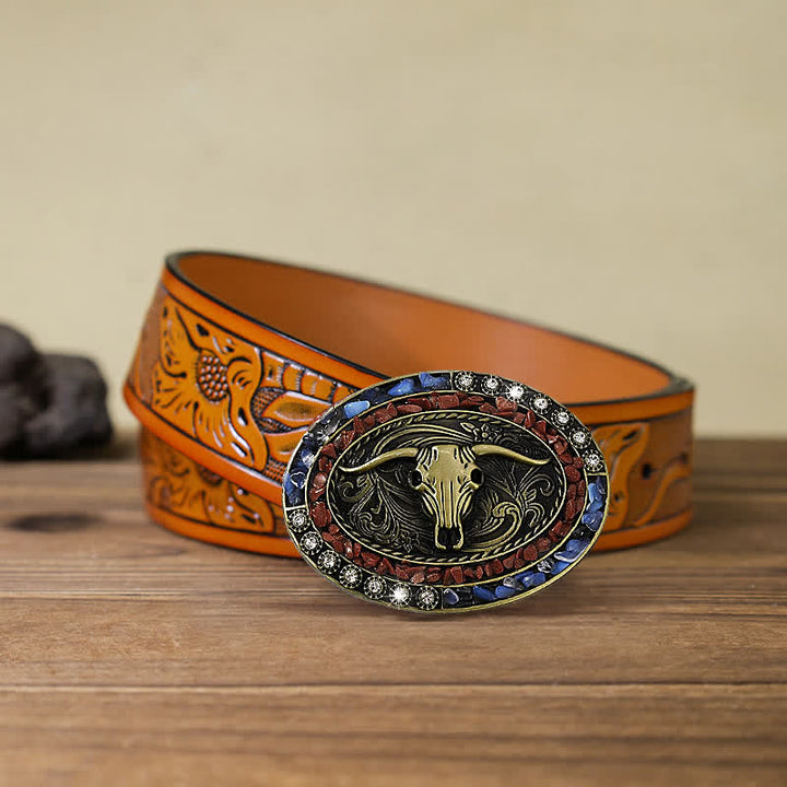 Men's DIY Burgundy & Blue Stones Bull Buckle Leather Belt