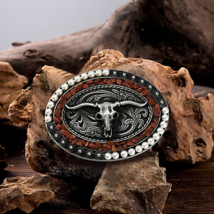 Men's DIY Sparkling Pearl Stones Bull Buckle Leather Belt