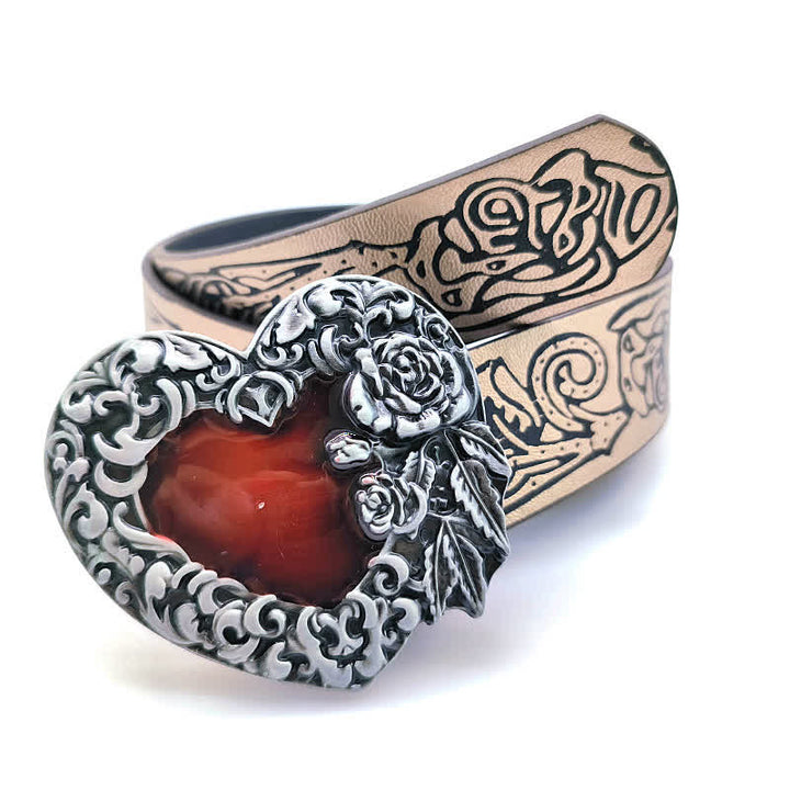 Red Enamel Heart Embossed Rose Pattern Leather Belt