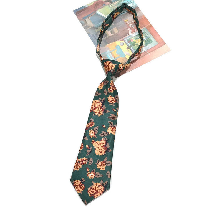 Men's Vintage Dark Green Yellow Flower Print Necktie