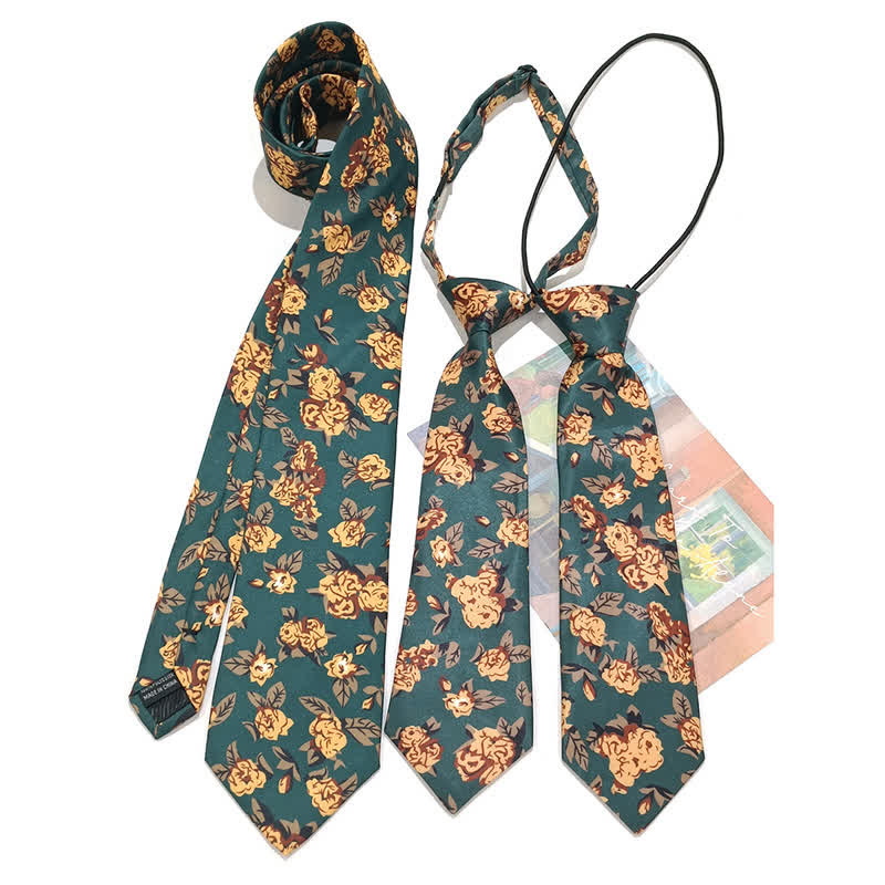 Men's Vintage Dark Green Yellow Flower Print Necktie