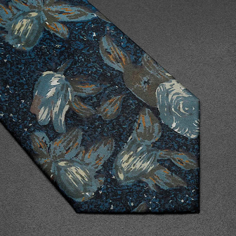 Men's Navy Blue Retro Oil Painting Floral Necktie