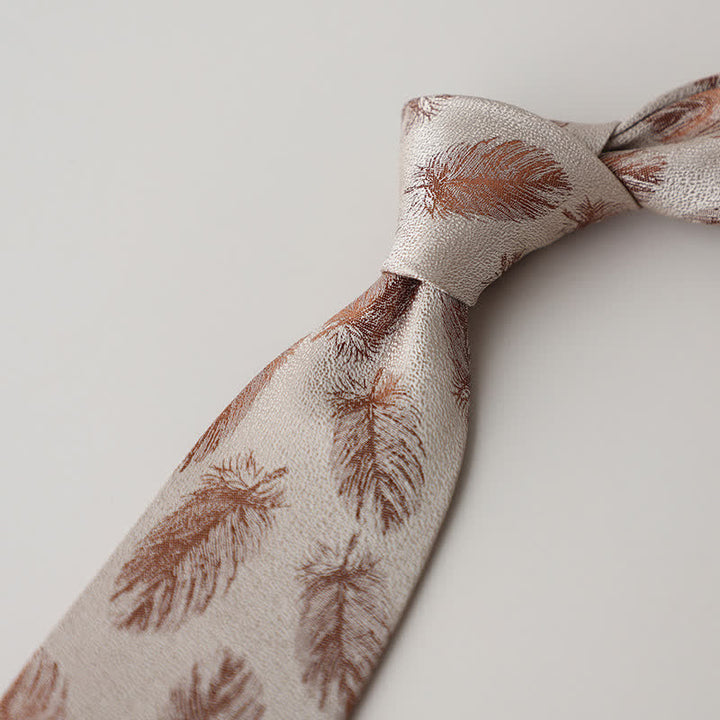 Men's Beige & Brown Feather Pattern Necktie