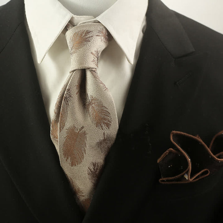 Men's Beige & Brown Feather Pattern Necktie