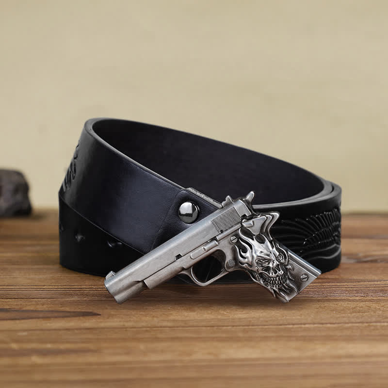 Men's DIY Pistol Gun Flame Skull Buckle Leather Belt