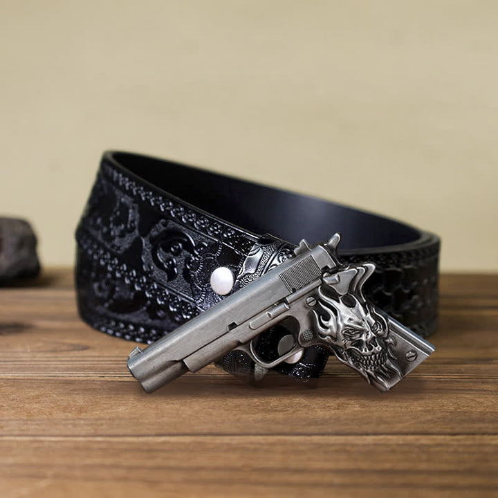 Men's DIY Pistol Gun Flame Skull Buckle Leather Belt