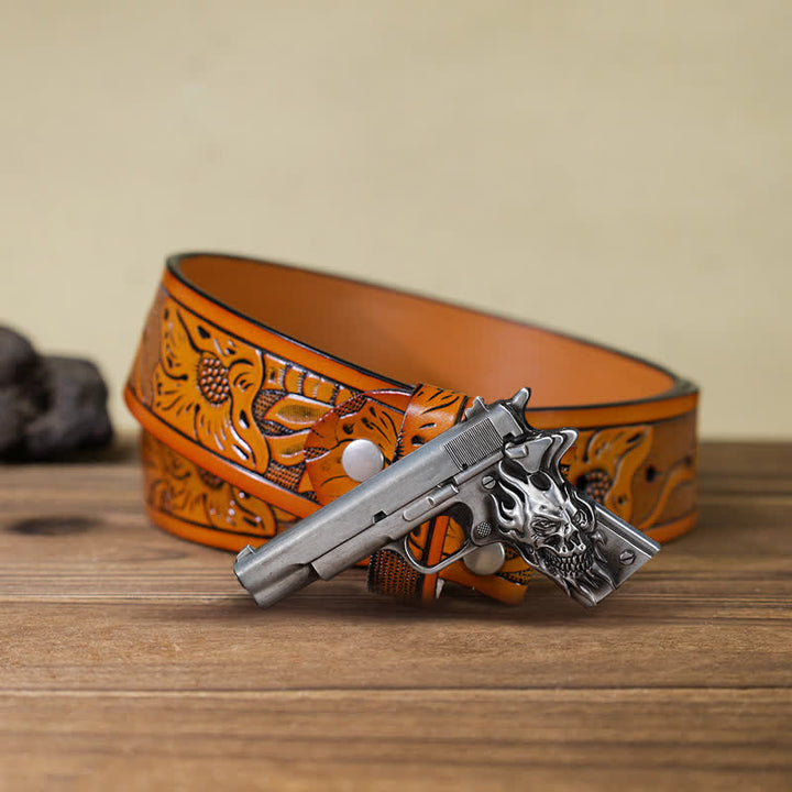 Men's DIY Pistol Gun Flame Skull Buckle Leather Belt