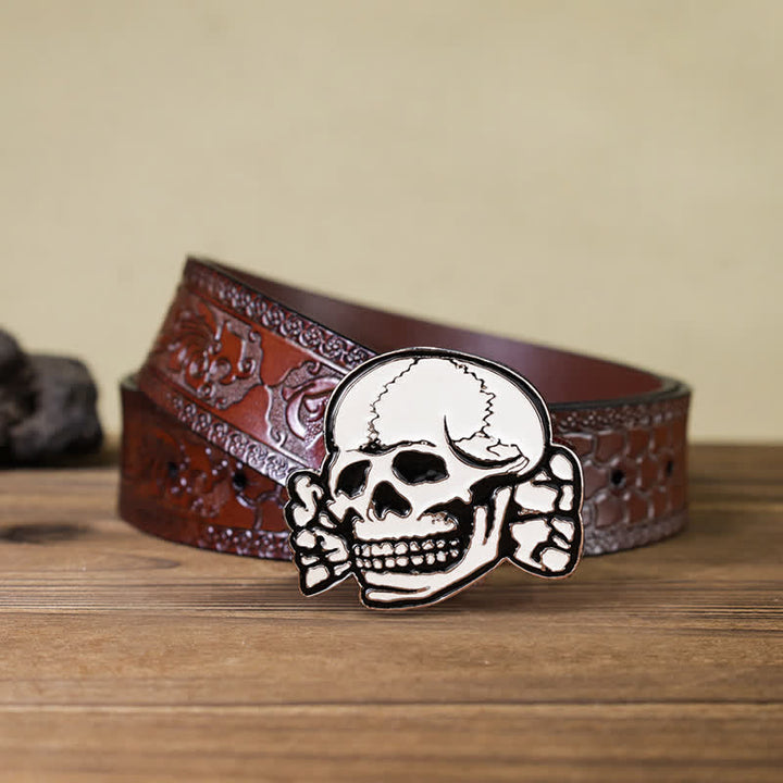 Men's DIY White Skull Head Buckle Leather Belt