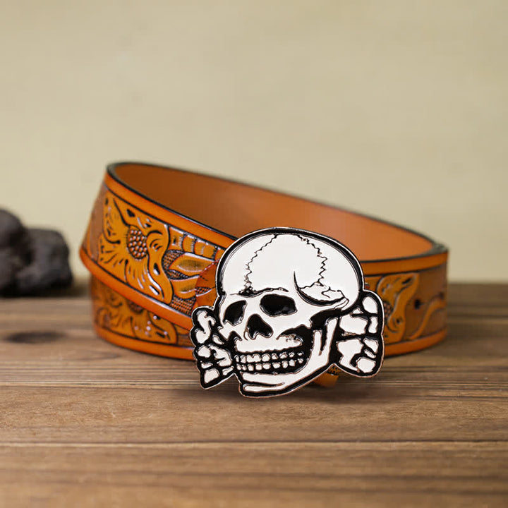 Men's DIY White Skull Head Buckle Leather Belt