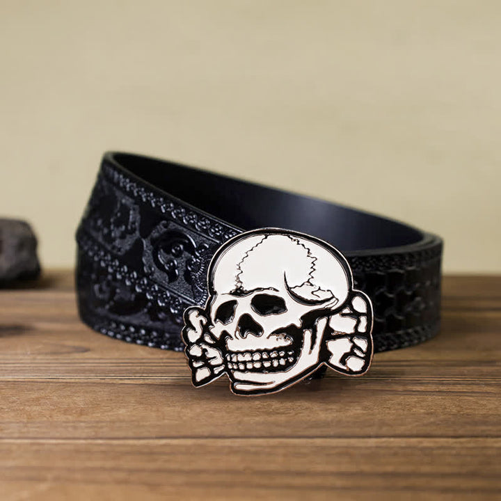 Men's DIY White Skull Head Buckle Leather Belt