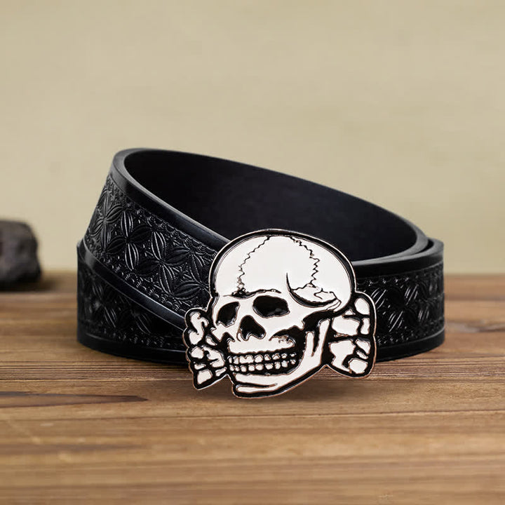 Men's DIY White Skull Head Buckle Leather Belt